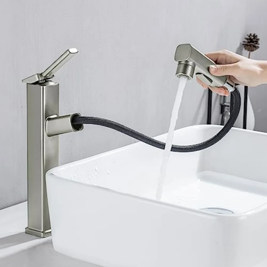 

Single Hole Bathroom Pull Out Faucet with Rotating Spout Brushed Nickel Tall Modern Design with 3-Mode Pull Down Sprayer for Va