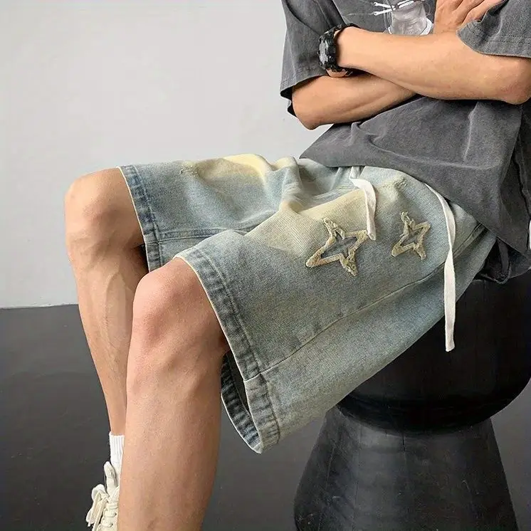 Embroidered Denim Shorts Men's Summer American Retro Street Five-point Pants Trendy Brand Trendy Loose