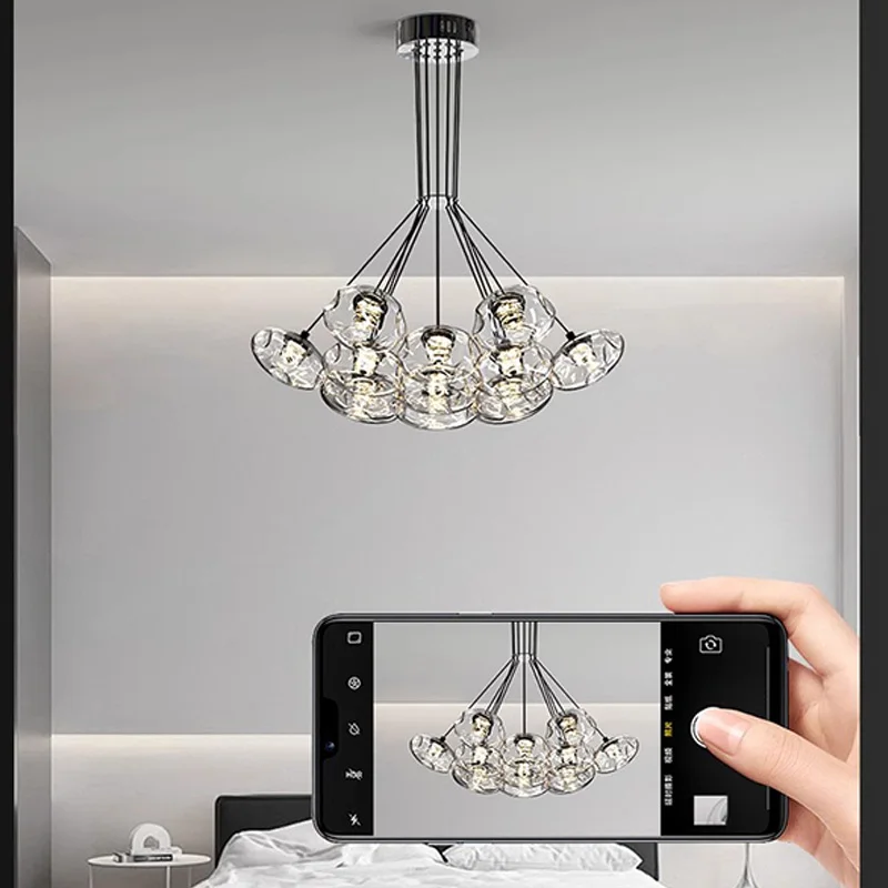 

Modern black glass chandelier for decorating dining room, bedroom, luxury interior, adjustable pendant wire, customizable