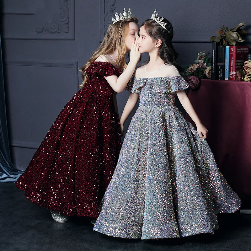 Girls' Stylish Princess Dress Sequin Children's Birthday Host Evening Gown Girls' Bold Catwalk Piano Performance Dress