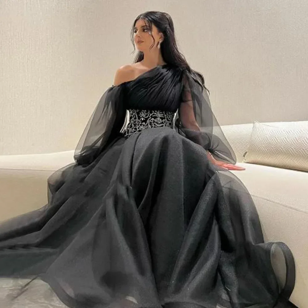 Robe de soirée en organza avec ceinture en cristal pour femme, manches longues bouffantes, robe de Rh, robe de soirée formelle, robe arabe de Dubaï moderne, noir