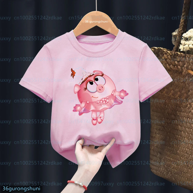 New Arival 2023 Girls' T-Shirt Cute Cartoon Smeshariki Graphic Print Girls Pink Shirt Top Fashion Trend Children'S Tshirt 1-13th