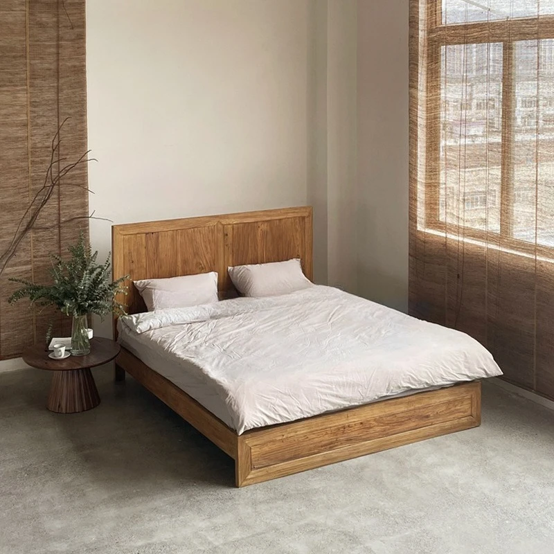 

Wabi Sandy Wind Old Elm Double Bed Frame Household 1.8 meters Solid Wood Bed New Chinese-style B & B Room Bed