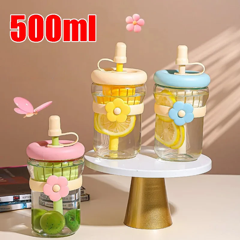 

CuteGlass Cold Brew Cup with Flower Tea Strainer Straw Cartoon Design Ideal for Student Reusable Drinking Bottle for School Home