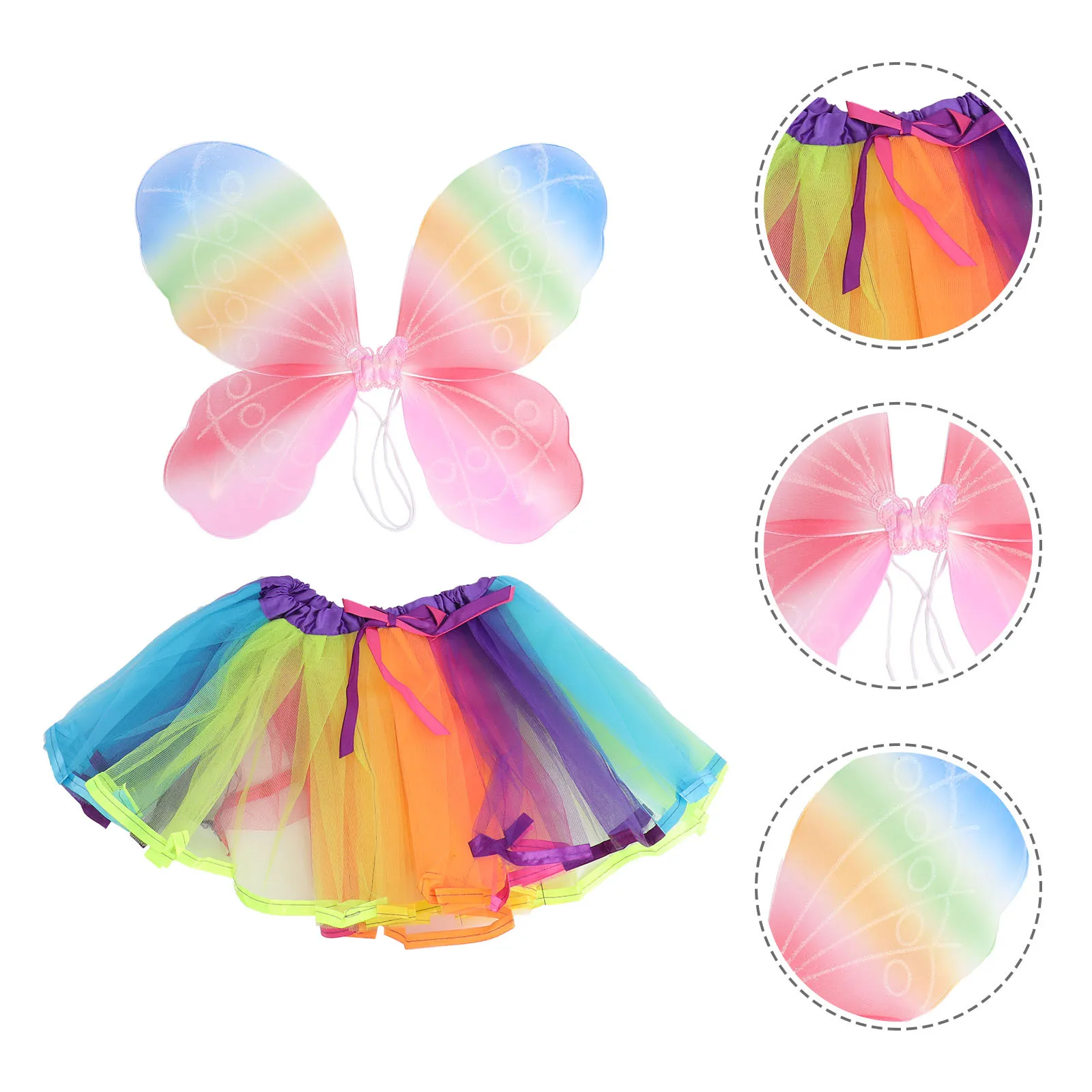1Set Kids Fairy Wings Rainbow Butterfly Costume Tutu Skirt Set Party Dance Dress Up Kids Costume Accessory Cosplay Skirt Set