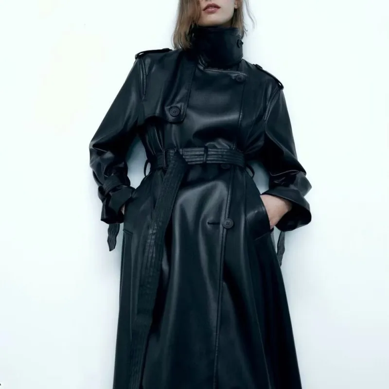 Spring Autumn Oversized Cool Black Long Leather Trench Coat for Women Belt Long Sleeve Loose European Fashion 2024