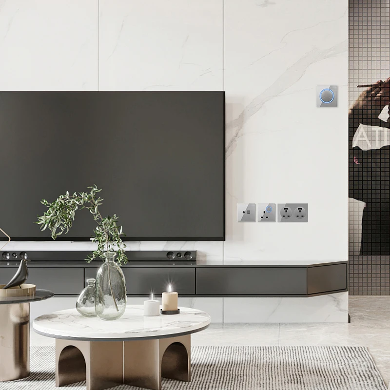 PSSRISE G12 EU UK UN Wall Switch Socket with USB Charger Power Outlet Full Tempered Glass Panel Light Switch with LED Indicator