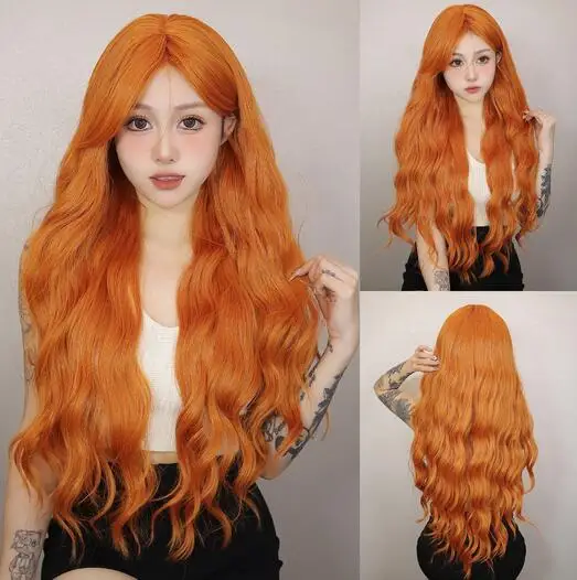 Long Water Wave Wigs with Bangs Orange Colorful Cosplay Wigs for Women Daily Party Natural Synthetic Hair High Temperature Fiber