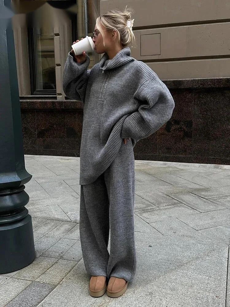 

Fashion Khaki 2 Piece Set Women's Half Zipper Loose Sweater High Waist Loose Wide Leg Knitted Pants Suit Autumn New 7OHXD
