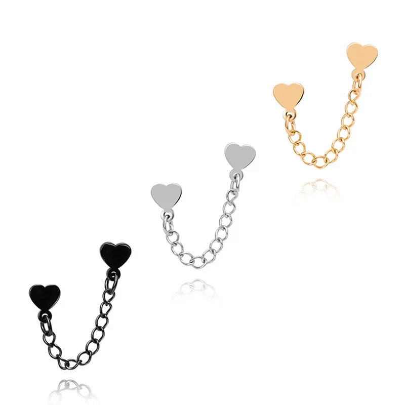 1pcs Stainless Steel Heart Ear Stud Simple Integrated Chain Double Ear Hole Earrings Fashion Women Body Piercing Jewelry