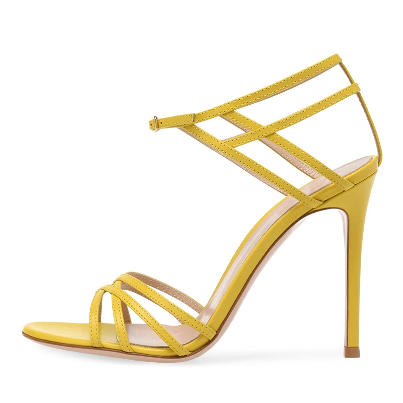 

Yellow Patent Leather Women Summer Sandals 2022 Stilettos Party High Heels Round Toe Sexy Black Heeled Shoes Ankle Strap Heels