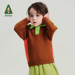 Amila Baby Sweater 2024 Winter New High-Quality Boys And Girls Lapel Contrasting Color Warm Skin-Friendly Loose Children‘s Tops