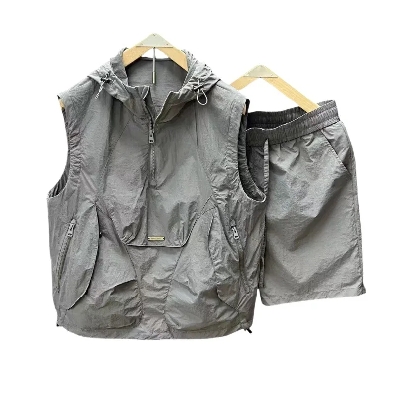 2026 Summer New Men's Casual Hooded Sleeveless 2 Piece Set Lightweight Ice Silk Loose Knee Length Shorts Korean Style view 5