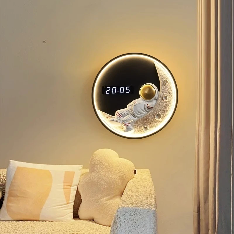

Clock wall lamp bedroom bedside creative living room round astronaut moon children's room background