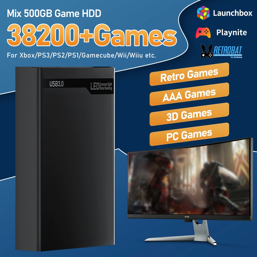 

Mix 500GB Gaming HDD Retro Video Game Console Retrobat＆Playnite＆Launchbox OS for XBOX/PS3/PS2/Switch/Wii/WiiU with 38000+ Games