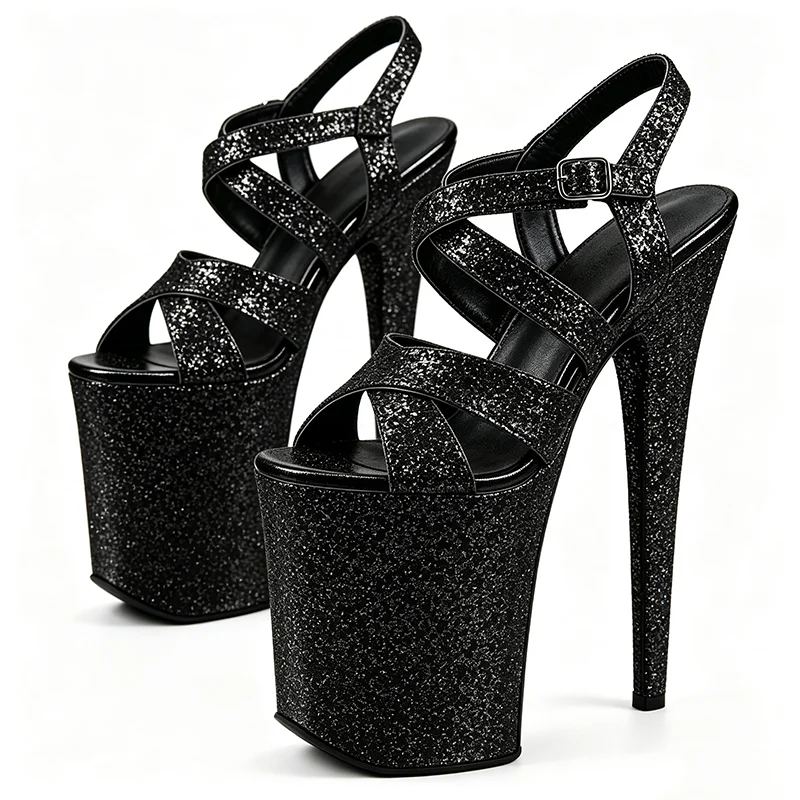Women Black Glitter Platform Stiletto Sandals 9 Inch Spike Heels Ankle Strap Pole Dance Nightclub Exotic Dancer Party Footwear