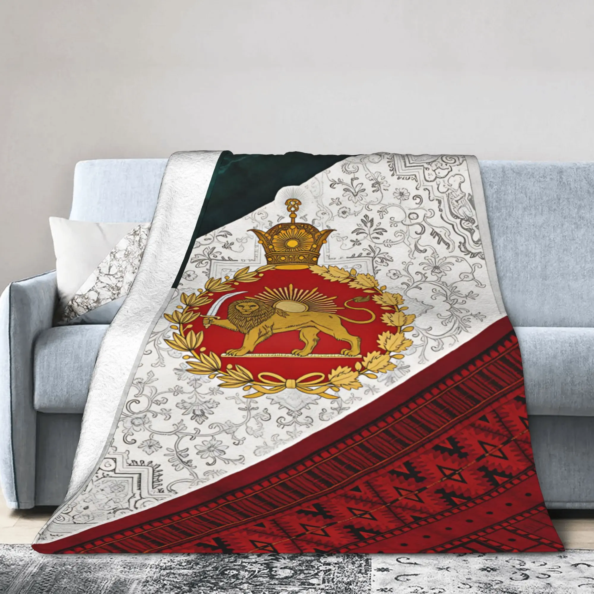 Super Warm Blanket Picnic Persian Imperial Emblem Flag Throw Blanket  Flannel Bedspread For Couch Chair Novelty Sofa Bed Cover