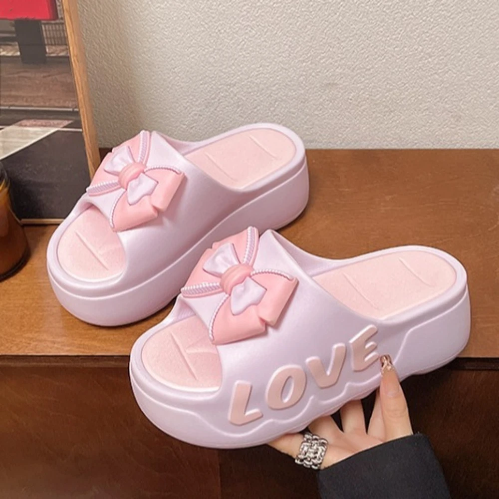 

Candy Color Flip Flops Slippers Bowknot Thick Soled Flats Slides Sandals Beachwear Shoes Anti Slip Platform Slippers Women Girls