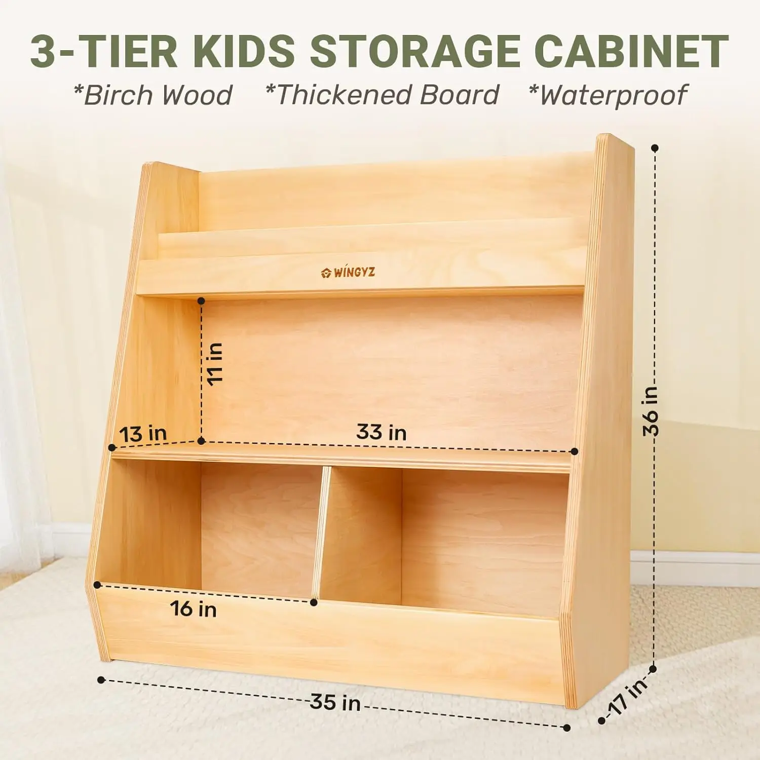 Kids Toy Storage Organizer With Bookshelf, Montessori Wooden Storage Cabinet, 4 Compartment Toddler Bookcase, 3 -Tier Book Toy