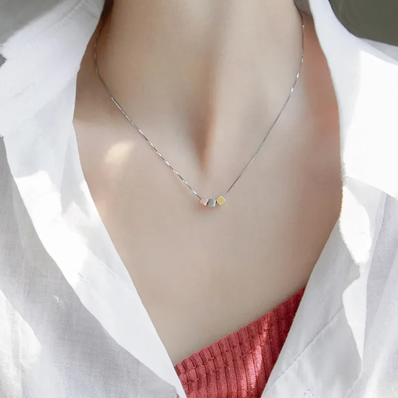 Three-color brushed square necklace S925 sterling silver collarbone chain design sense personalized creative accessories