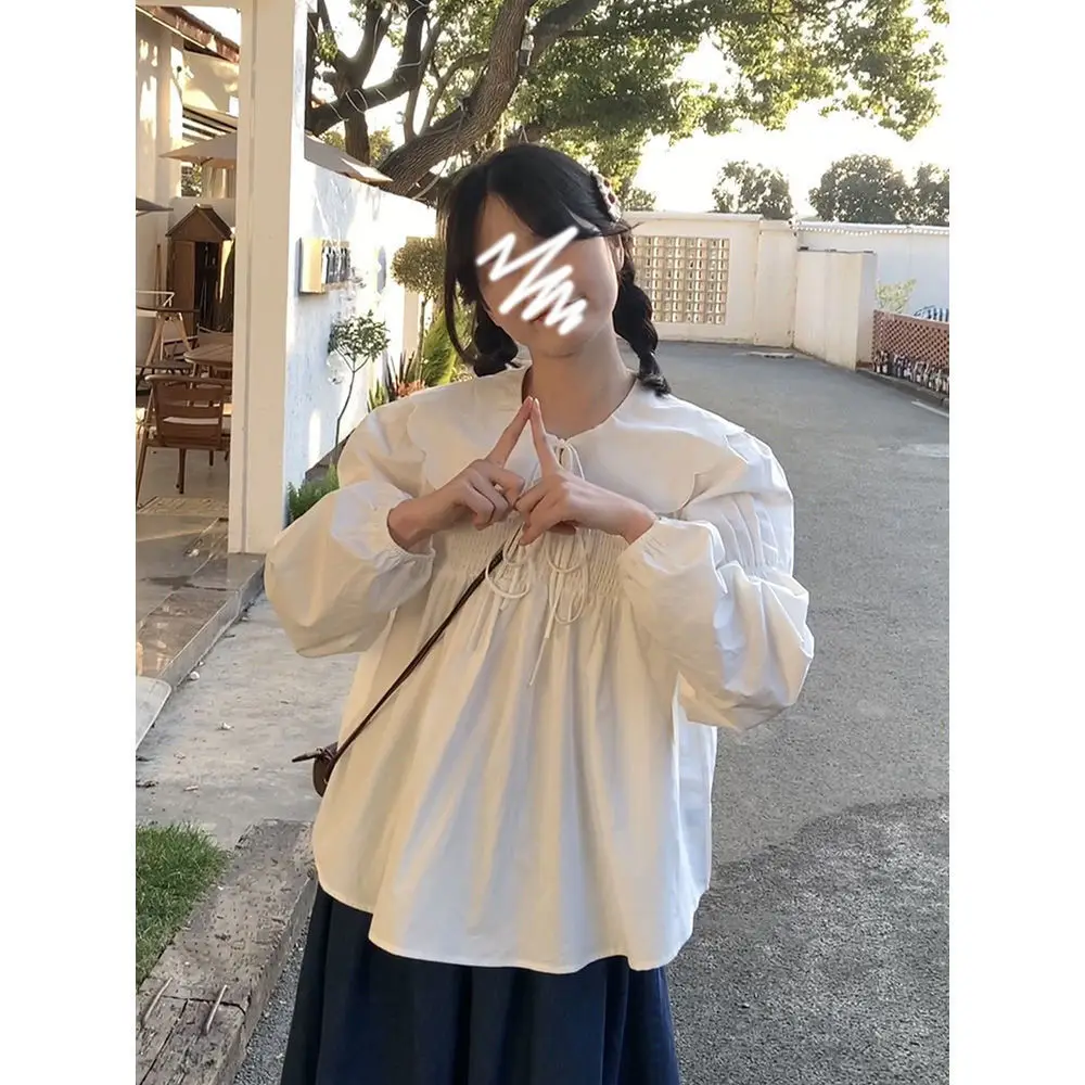 

Рубашки с длинным рукавом, женские хлопковые рубашки на шнуровке на пуговицах, облегающие, с отложным воротником, корейские, женские, элегантные, романтические, в консервативном стиле, молодежные