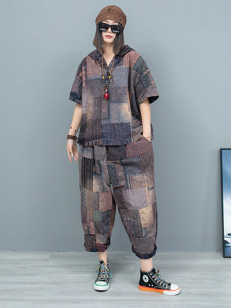 Printed Patchwork Old Fabric Hooded Short Sleeved Top + Cropped Pants Two-piece Set Women 2024 Summer Pant Set LX1003