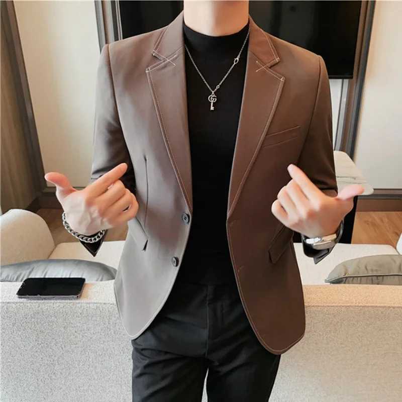 High Quality Solid Color Men\'s Blazer Jacket Autumn Winter Casual Business Formal Blazer Social Wedding Banquet Party Coat 2024