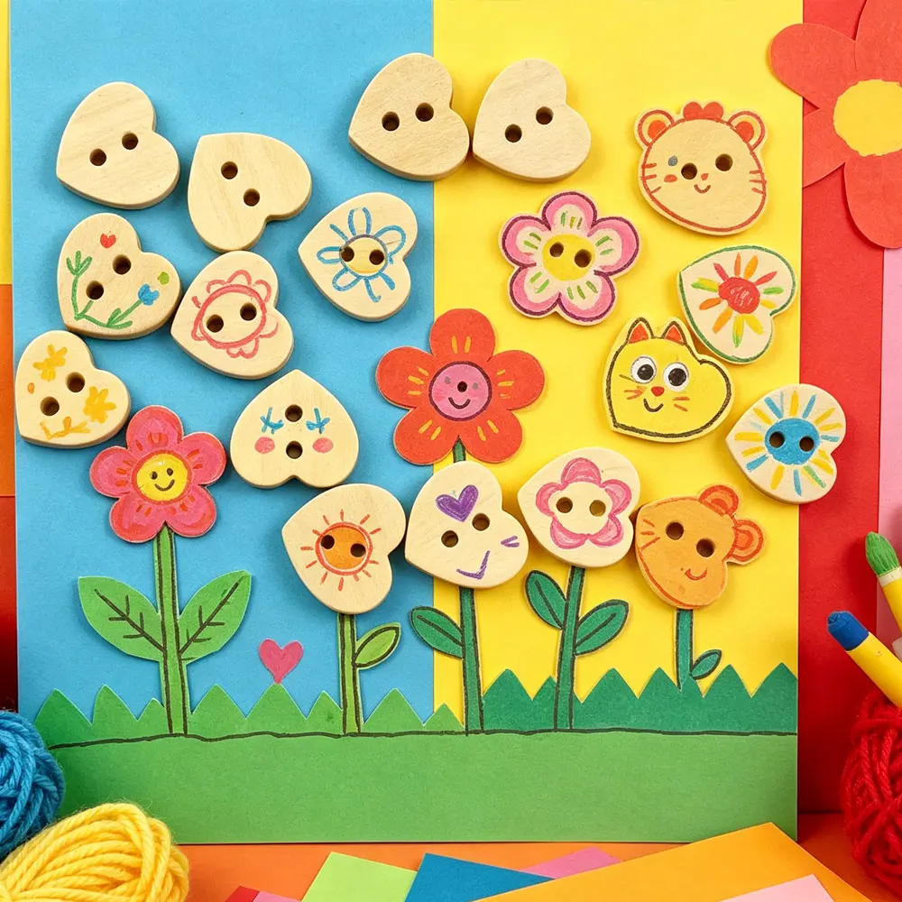 50PCS Wooden Heart-Shaped Buttons , 2-Hole Wooden Buttons for DIY Crafts, Sewing, Knitwear, Scarves, Hats & Art Projects
