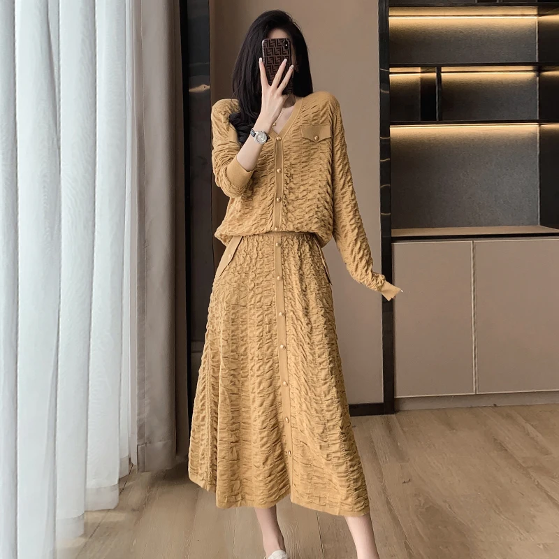 Luxury Fashion Women Autumn Winter Kintting 2 Peice Set V Neck Long Sleeve Single Breasted Cardigan+High Waist A Line Skirts Set