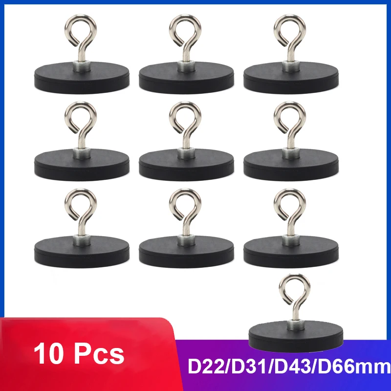 10Pcs D22/31/43/66mm Round Rubber-Coated Magnet Hook Strong Neodymium Magnets Fishing Rubber Coated Lifting Ring Magnets Hooks