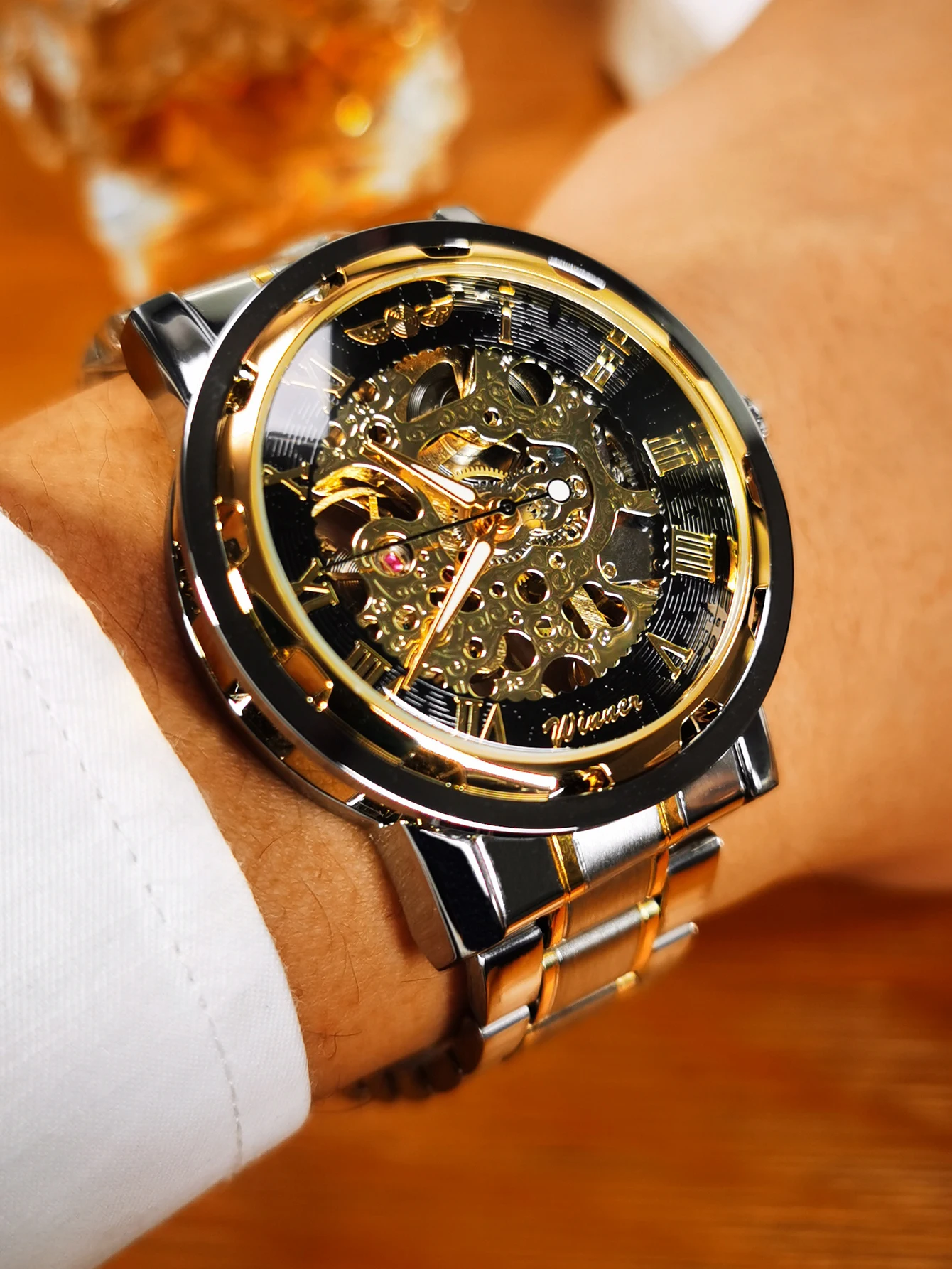 WINNER Classic Skeleton Watch for Men Luxury Brand Gold Mechanical Watches Casual Stainless Steel Strap Vintage Wristwatches New