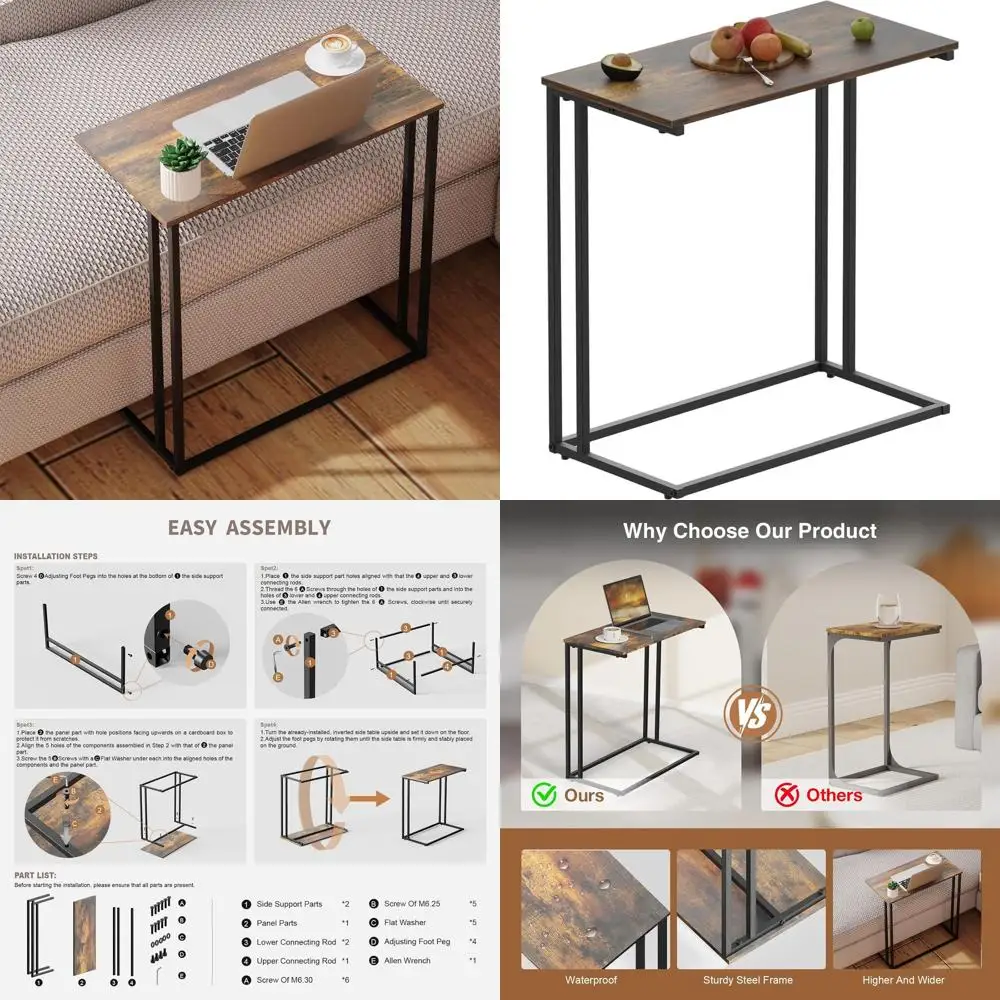 

Modern C-Shaped Metal Frame Side Table, Space-Saving Design for Living Rooms, Large Surface for Couches, Bedrooms, and Home Offi