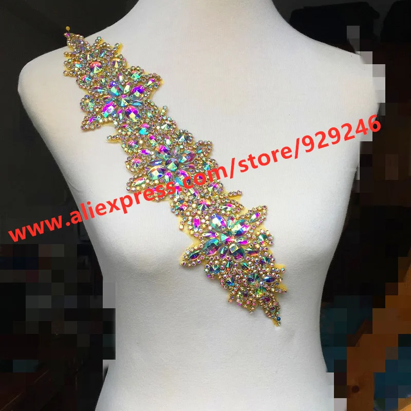 Gorgeous Gold AB Glass Crystal Applique For Evening Dress Gown Decoration Long Flower Trims For Dancing Costumes Embellishments