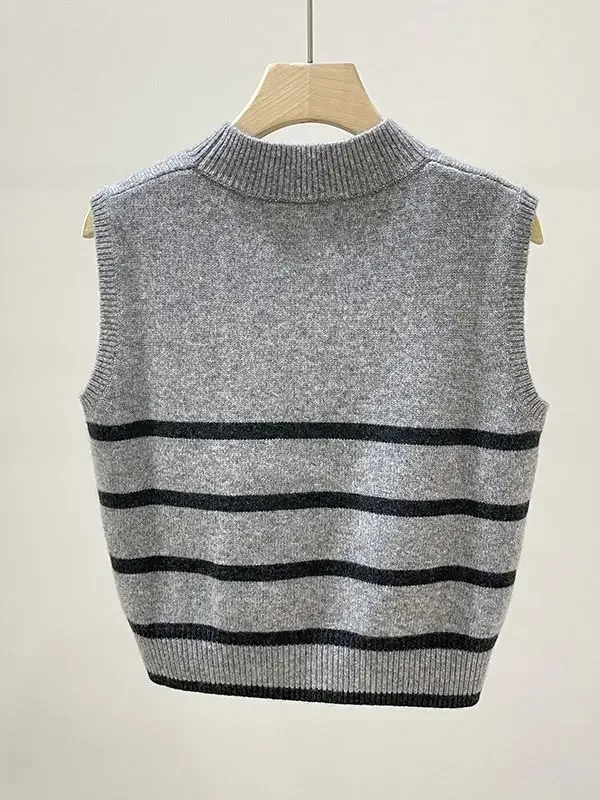 Knitted Sweater Vest for Women 2023 New 100% Cashmere Strips Beading Fashion All-Match Slim Casual Sleeveless Tank