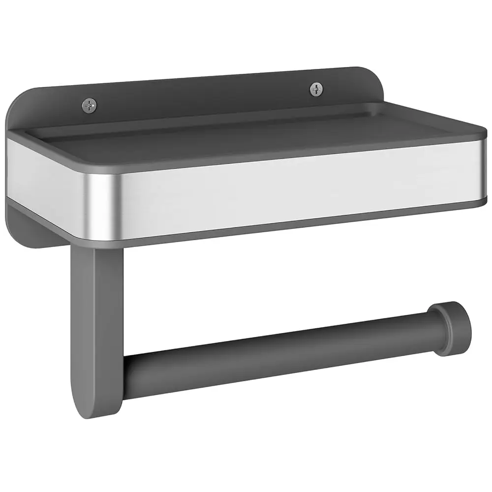 

Toilet Paper Holder with Shelf - Adhesive & Screw Wall Mount Toilet Paper Storage, Matte Black Design for Bathroom Decor, Sp