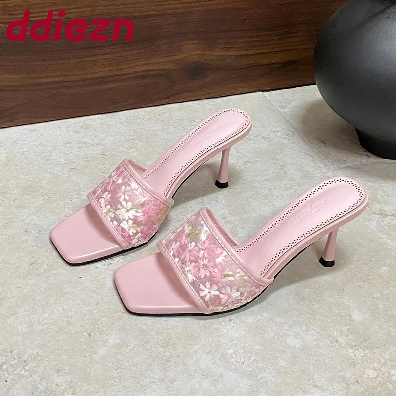 

Fashion Flower Women Thin Heels Slides Sandals Shoes Square Toe Sexy Ladies High Heels Shoes Slip On Female Sandals Pumps