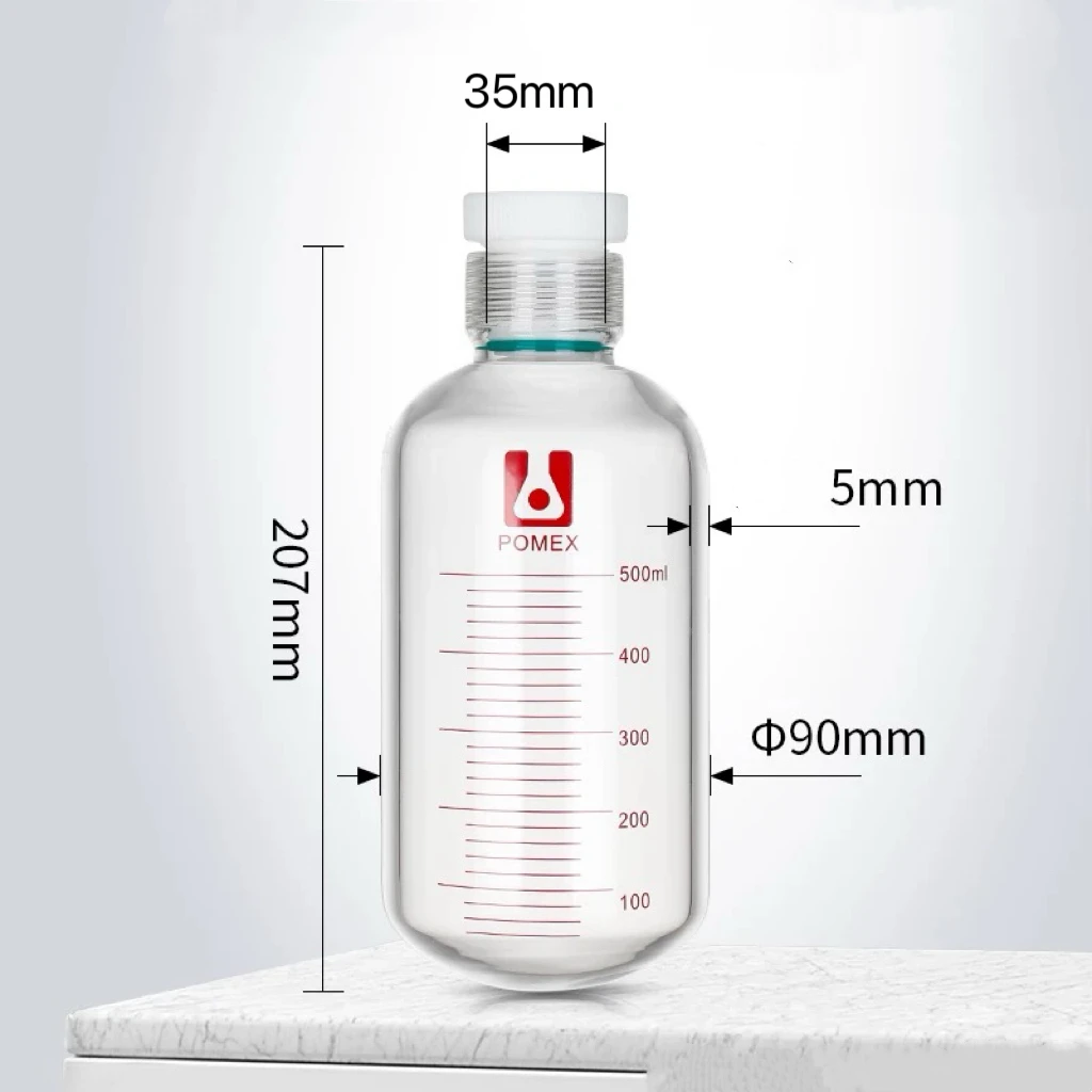 

500mL Thick-Walled Pressure Bottle, Outside Diameter 90mm, Female Thread 35mm With PTFE Thread Plug ,Round Bottom-POMEX