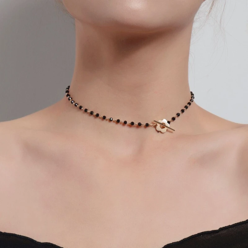 Jewelry necklace feminine black crystal bead chain versatile collarbone chain simple OT buckle flower necklace image 2