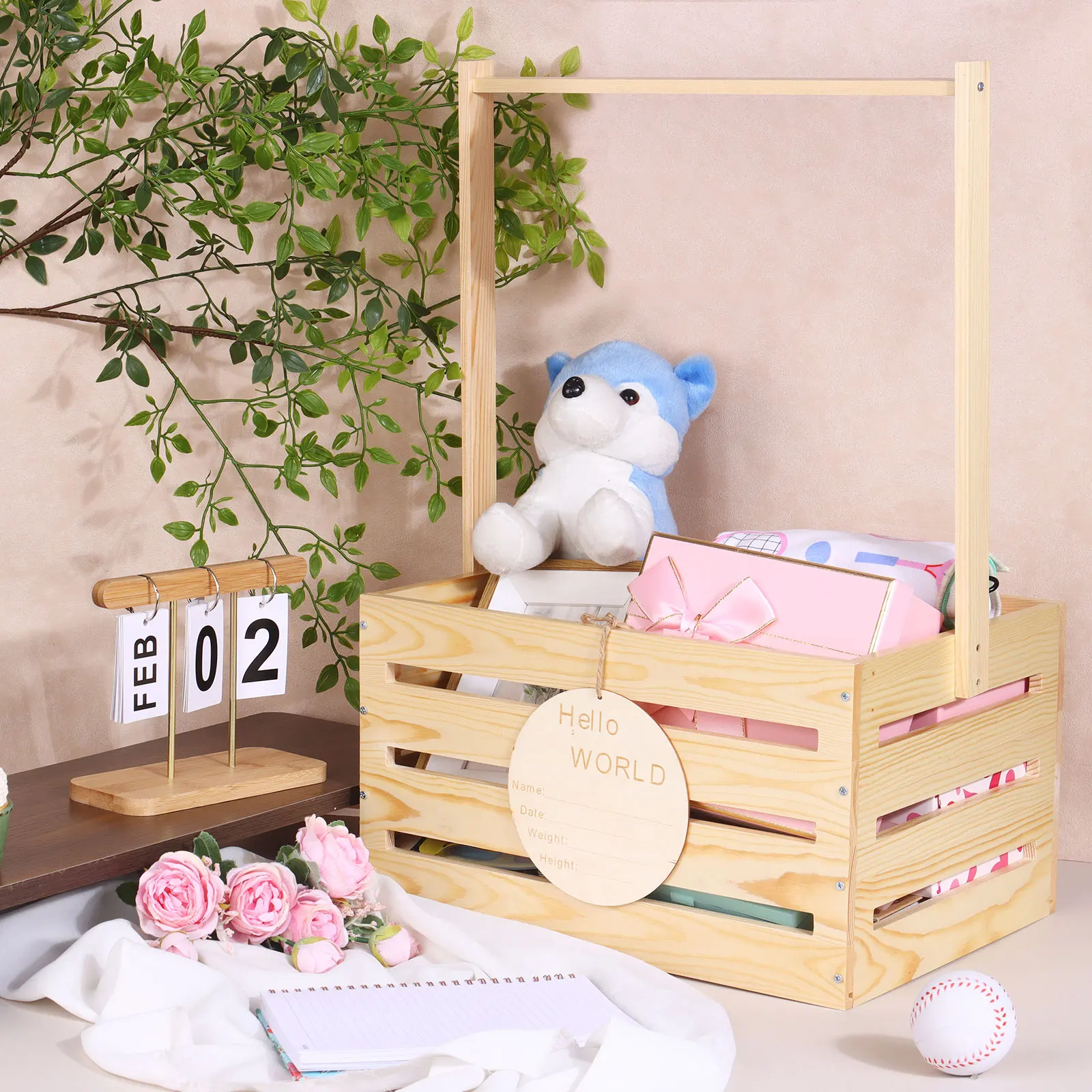 Wooden Baby Shower Crate Closet Baby Gift Basket With Handle Baby Storage Crate Hamper New Born Baby Shower Decorations