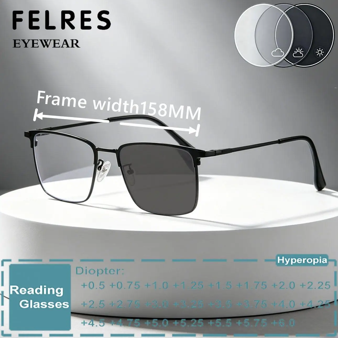 

Large 158mm Square Alloy Photochromic Big Head Reading Glasses Men Women Outdoor Discolour Prescription Presbyopic Eyewear