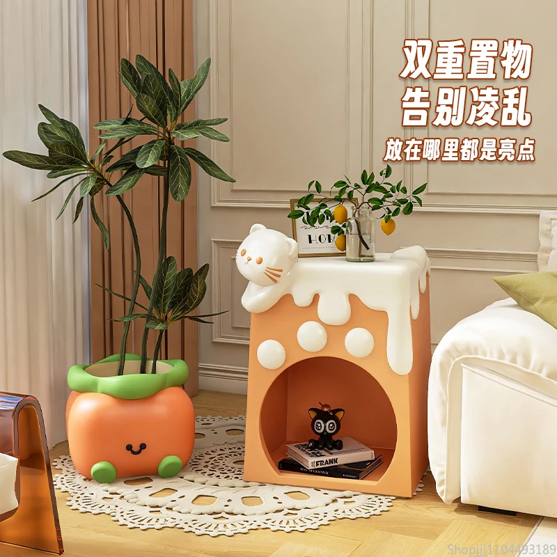 Cream Cat-inspired Storage Side Table, Whimsical End Table for Sofa & Bedside Décor