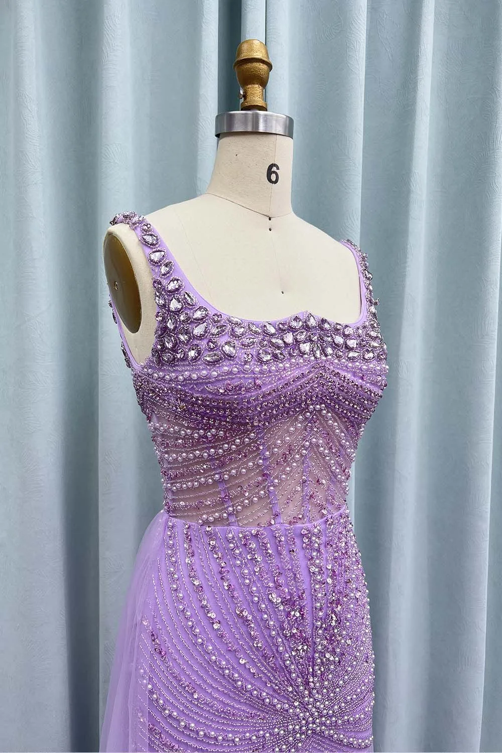 YQLNNE Purple Crystals Long Evening Dresses Mermaid Straps Tulle Beaded Weddding Party Gown