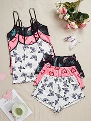 Women's Pajamas Sets Ladies Lounge Wear Cami Top and Shorts Girl's Summer Sleepwear Butterfly Print Top with Pants for Women