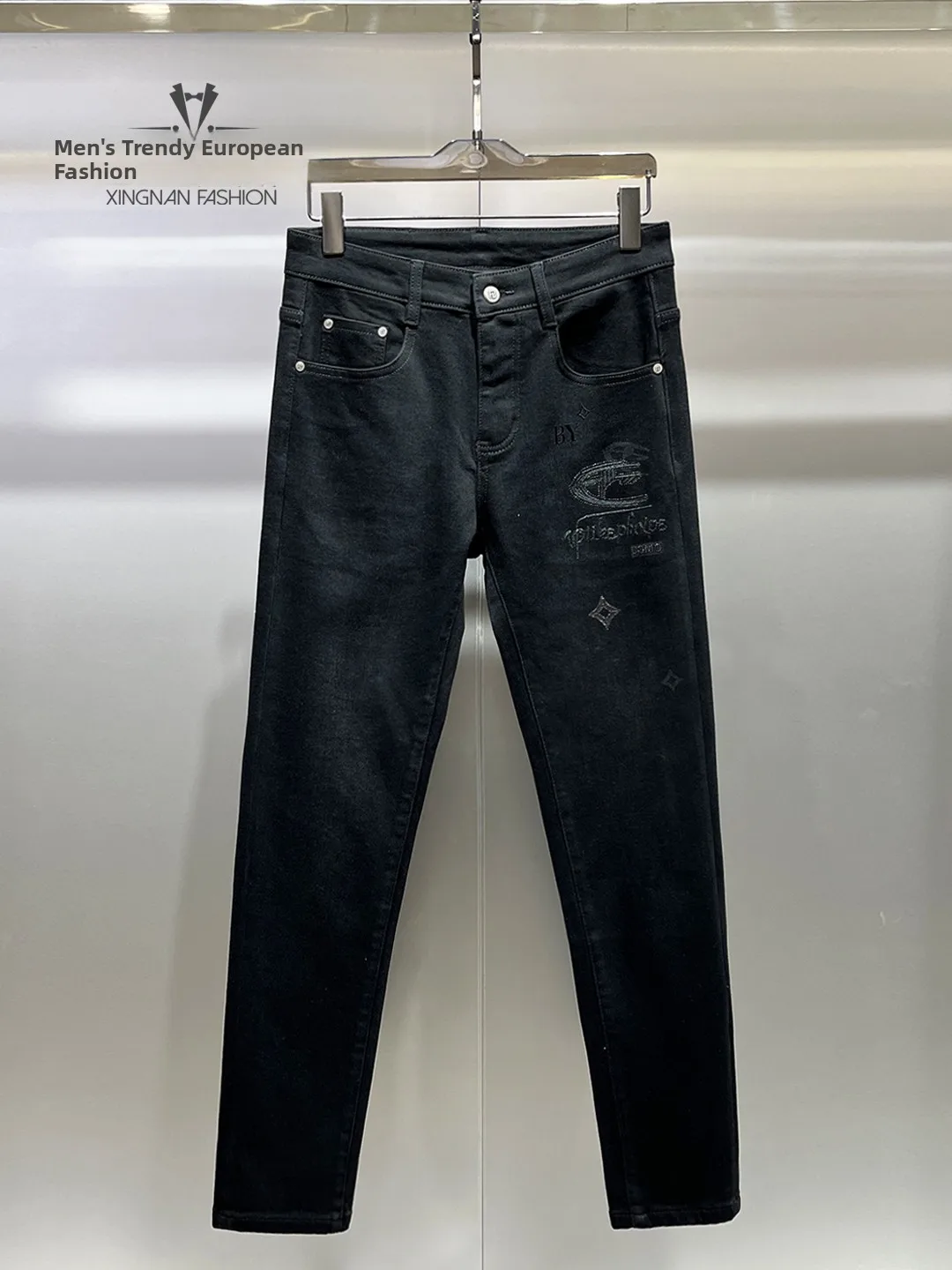 

Men's Fce Lined Slim Fit Denim Jeans Autumn Winter Faion Print Rhinestone Casual High Waist Zipper ket Long Pants