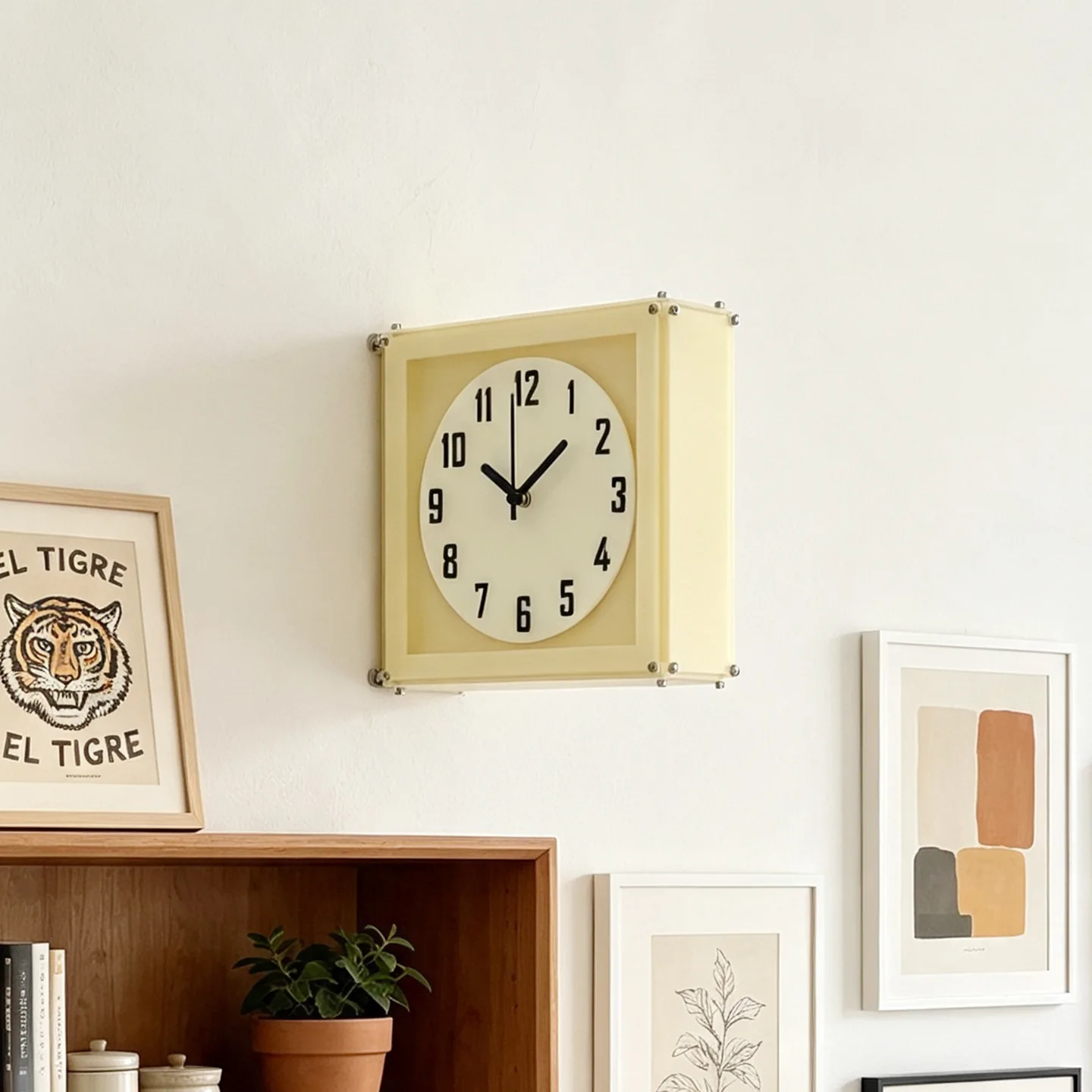 Double-sided clock, cream-colored, perforation-free, wall-mounted square white clock face quartz clock