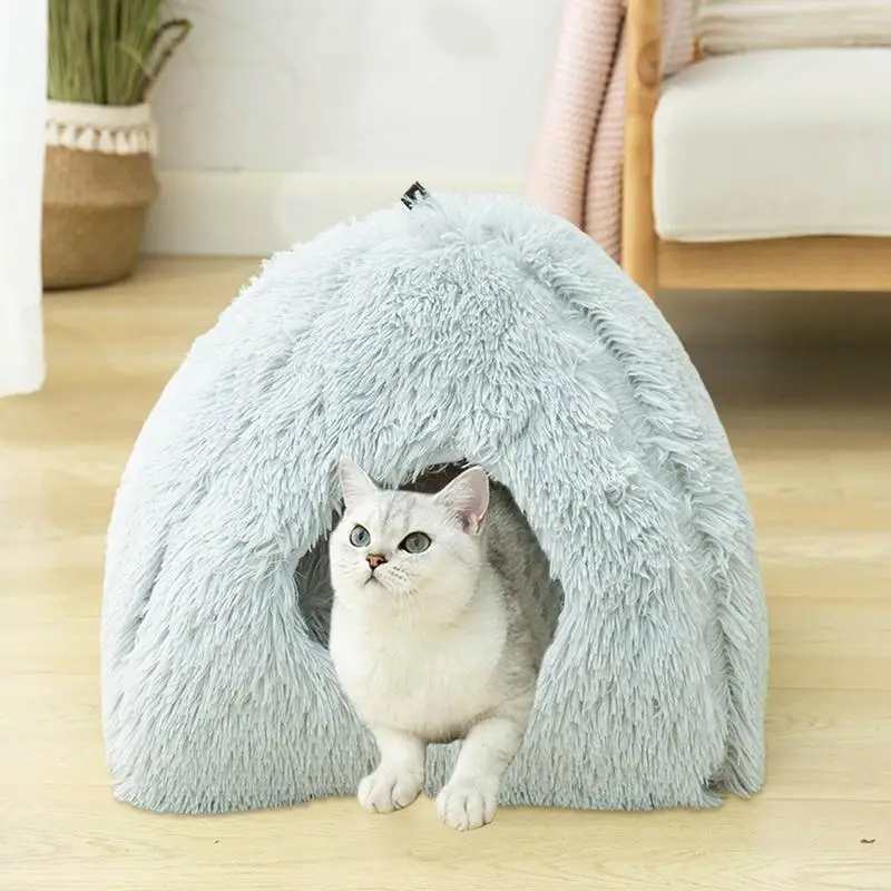 

Warm Semi-enclosed Cat Bed Foldable Cat House Tent With Removable Cushion Indoor Cats Cave Sleeping Nest Soft Cozy Pet Kennel