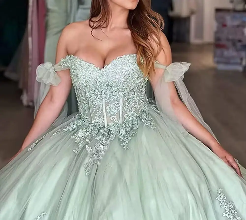 오프숄더 퀸시에라 드레스 풍성한 튤 볼 가운 베스티도 데 15 아뇨스 레이스 아플리케 프로무 드레스