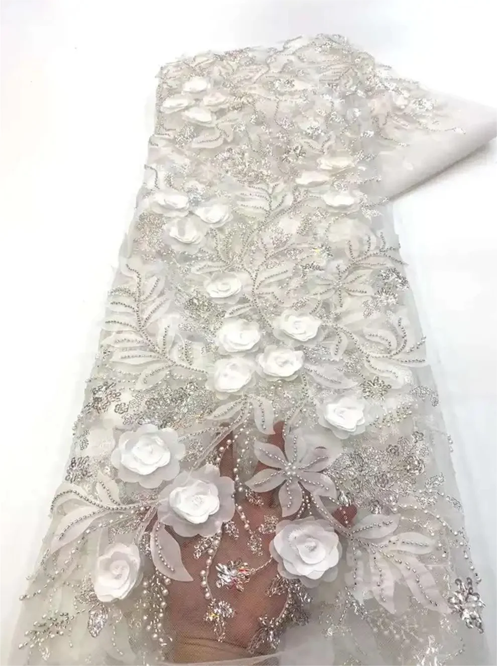 African Handmade Heavy Sequins Tulle Lace Fabric 2024 High Quality French Luxury 3D Beaded Lace Fabric For Bridal Wedding XT04