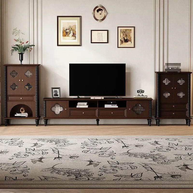 French Retro Four Leaf Clover Solid Wood TV Cabinet Vintage Style Living Room Storage Console for Small Apartment Home Decor