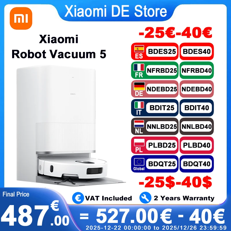 XIAOMI Robot aspirateur 5 Version mondiale européenne (X20 + mise à niveau) vadrouille intelligente LDS Navigation laser 99% taux de ramassage des cheveux collecte automatique des déchets commande